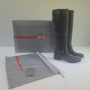 PRADA Tall Gray Riding Boots Suede, Scamosciato Size 37 (US 7) 3W5616